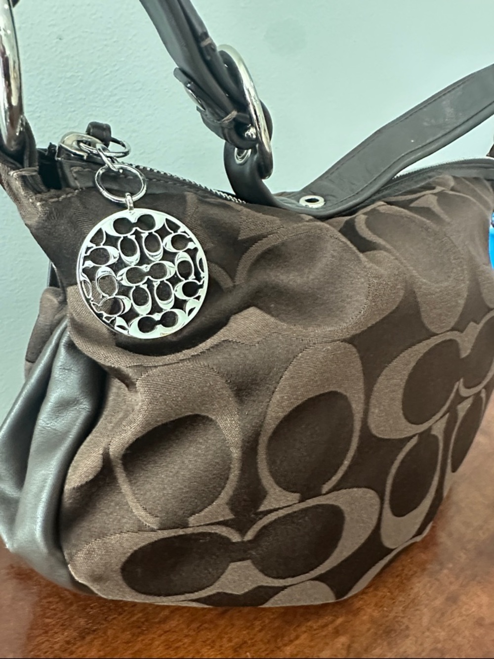 Coach Brown Signature Canvas Hobo with Silver Charm Accent - Picture 4 of 8